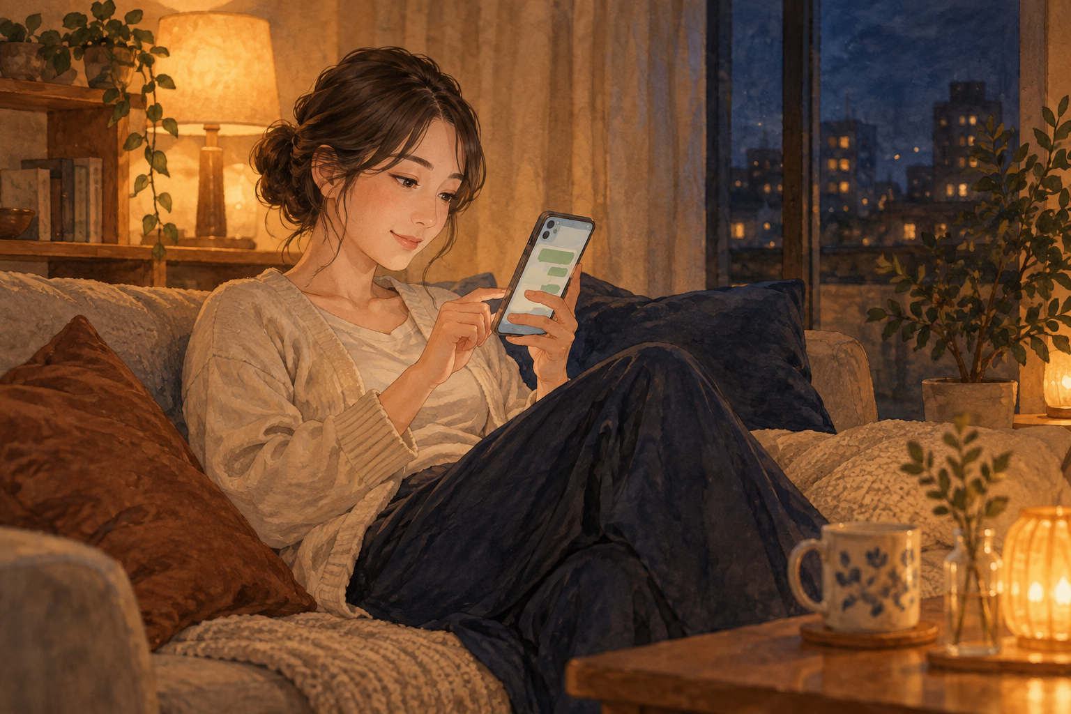自宅でスマートフォンから予約の相談をする場面