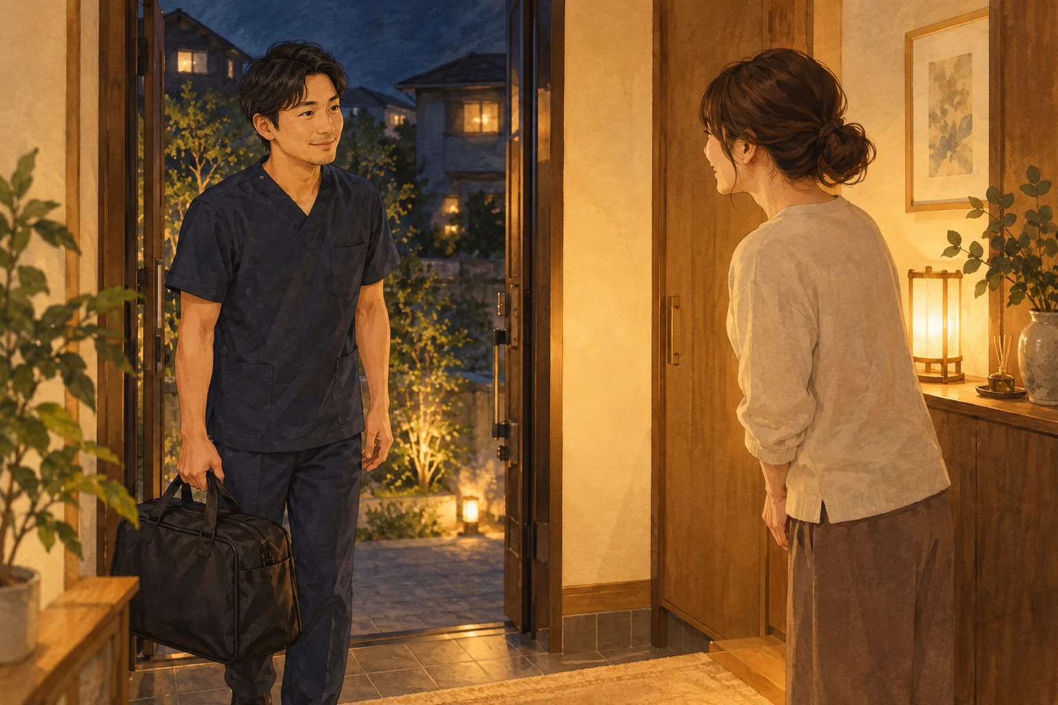 担当者がバッグを持ってご自宅へ到着する場面