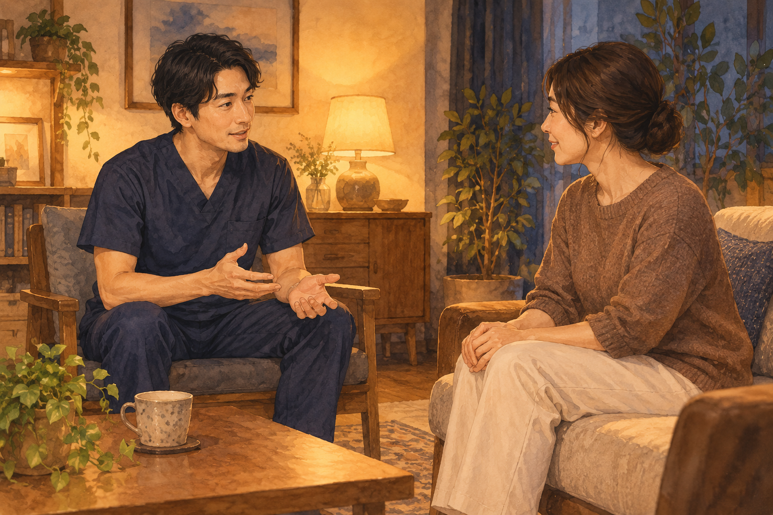 ご自宅で担当者と施術の希望を相談する場面