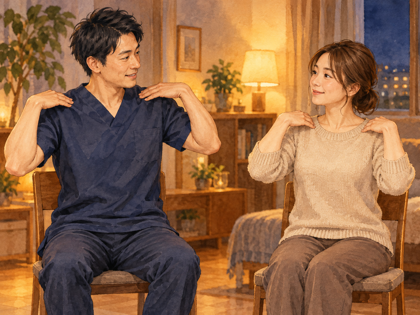 担当者の見本を見ながら、お客様が椅子に座って肩のセルフケアを一緒に確認するイラスト