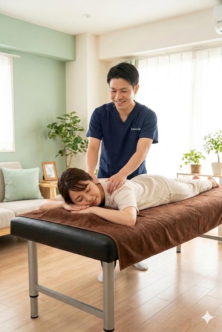 ご自宅でリラックスして施術を受ける様子