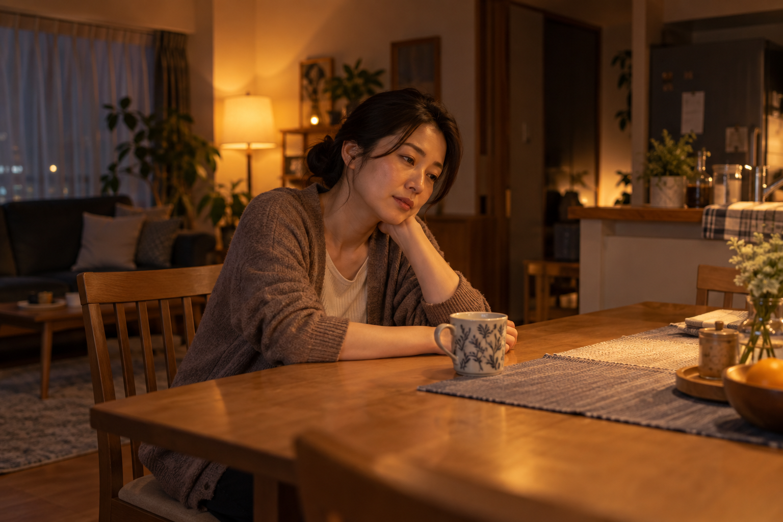 家事を終え、ダイニングの椅子でひと息つく女性