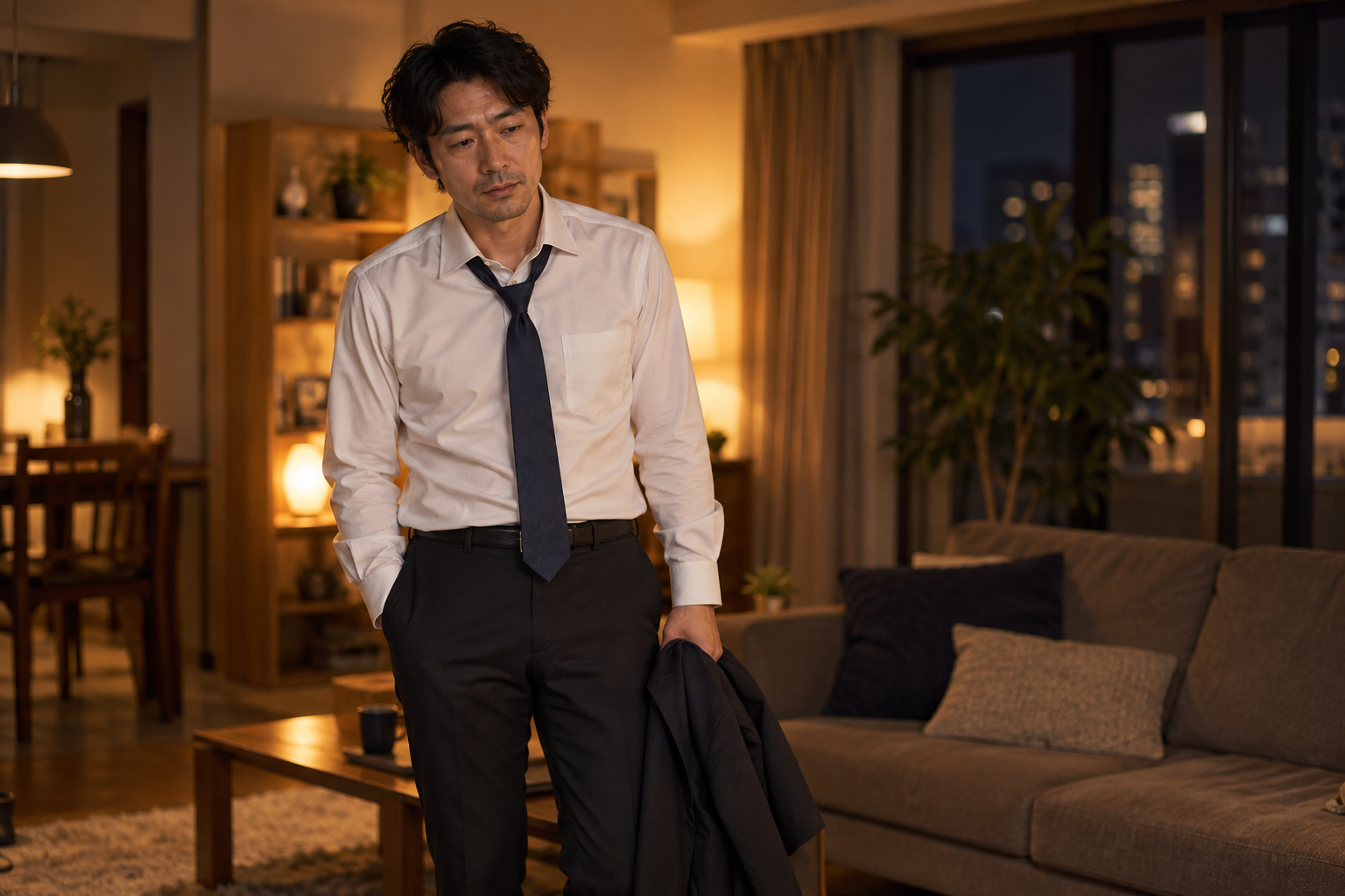 仕事を終え、スーツの上着を手に持って帰宅した男性